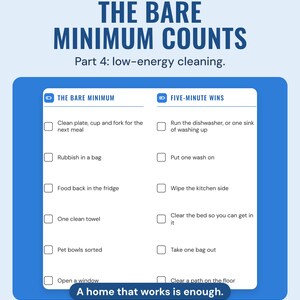 The low-energy cleaning sheet from Part 4, with The bare minimum and Five-minute wins checklists such as Rubbish in a bag.