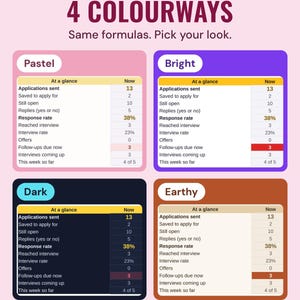 The tracker dashboard in four colourways: Pastel, Bright, Dark and Earthy