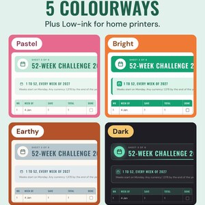 The 52-week challenge 2027 page in four colourways, Pastel, Bright, Earthy and Dark, under the headline 5 colourways, plus low-ink for home printers.