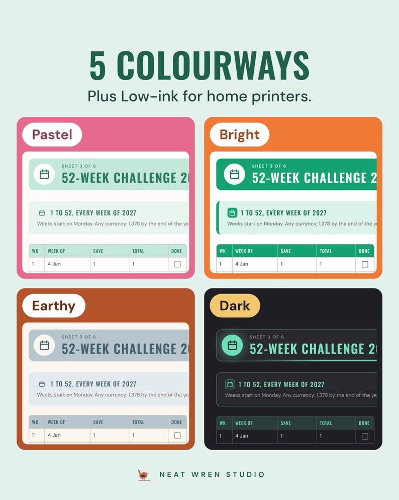 The 52-week challenge 2027 page in four colourways, Pastel, Bright, Earthy and Dark, under the headline 5 colourways, plus low-ink for home printers.