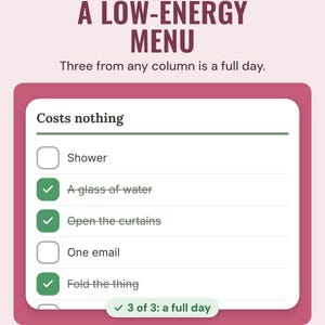 Low-energy menu, Costs nothing column, with three items ticked for a full day.