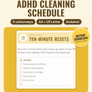 ADHD Cleaning Schedule Printable: main listing photo showing the product with an 'Instant download' badge. Digital product from Neat Wren Studio.