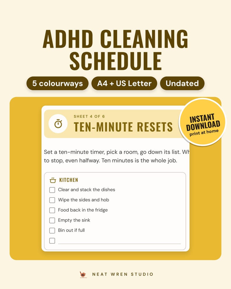 ADHD Cleaning Schedule Printable: main listing photo showing the product with an 'Instant download' badge. Digital product from Neat Wren Studio.