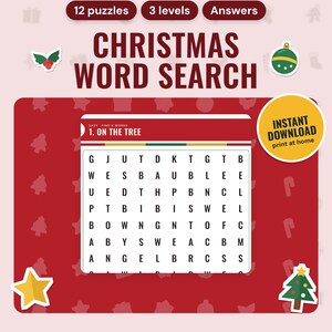 Christmas Word Search Printable, 12 Puzzles With Answers | Easy, Medium, Hard | Kids Activity Pages, Classroom or Home, A4 + US Letter