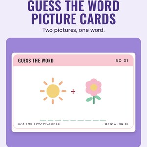 Guess the word picture card: a sun plus a flower, with letter spaces and the answer printed upside down.