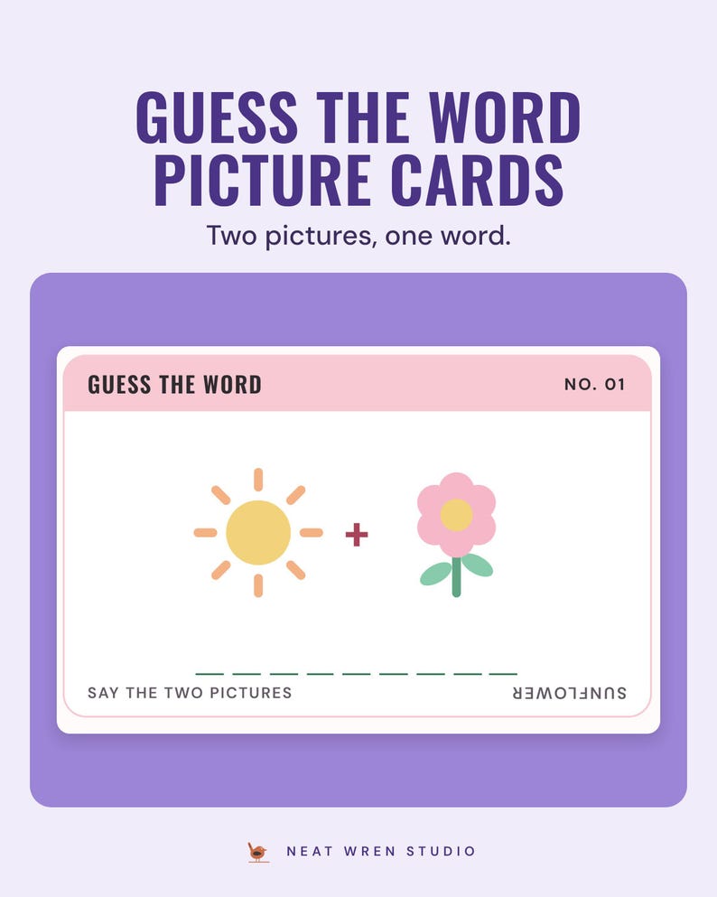 Guess the word picture card: a sun plus a flower, with letter spaces and the answer printed upside down.