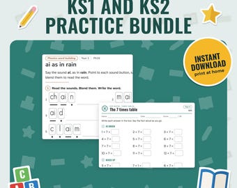 KS1 and KS2 Worksheets Bundle, Year 1 to 6 Maths and English Printables | Phonics, Handwriting, Times Tables, Grammar | Answer Keys, A4