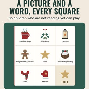 A Christmas bingo card with a picture and a word in every square, such as hot chocolate, mistletoe and a free star, under the headline A picture and a word, every square.