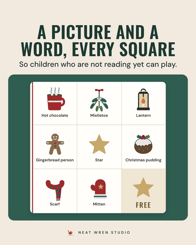 A Christmas bingo card with a picture and a word in every square, such as hot chocolate, mistletoe and a free star, under the headline A picture and a word, every square.