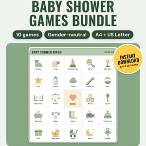 Baby shower games bundle: a picture bingo card in the Sage colourway with bottles, rattles, a duck and a free heart square, and an instant download sticker.