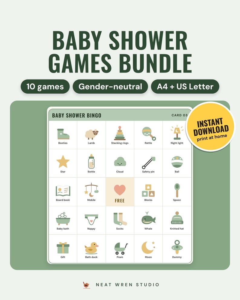 Baby shower games bundle: a picture bingo card in the Sage colourway with bottles, rattles, a duck and a free heart square, and an instant download sticker.
