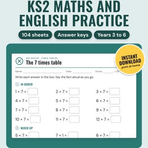 KS2 maths and English practice printable: the 7 times table sheet with answer boxes; 104 sheets with answer keys for Years 3 to 6.