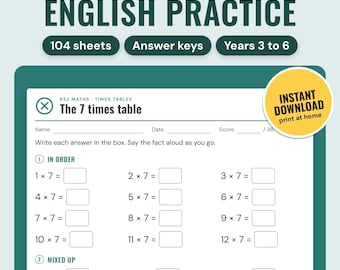 Puede incluir: Una hoja de ejercicios educativa titulada KS2 Maths and English Practice que presenta un ejercicio de la tabla de multiplicar del 7. La página incluye espacios para nombre, fecha y puntuación, con multiplicaciones para resolver en orden y mezcladas.