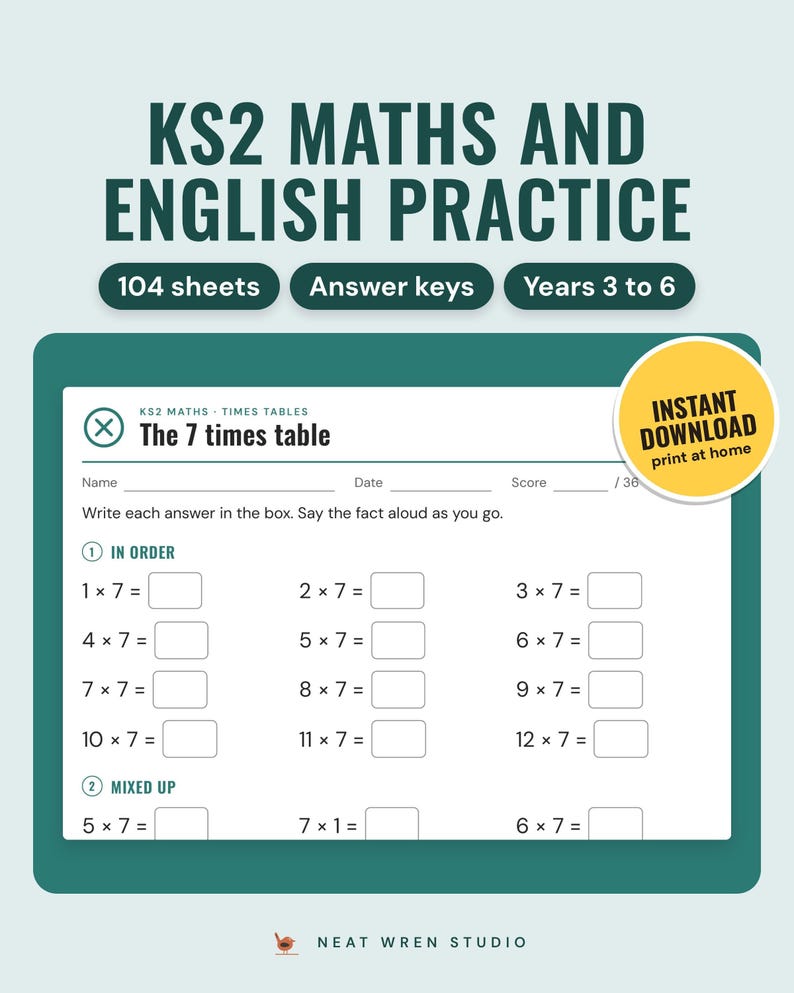 KS2 maths and English practice printable: the 7 times table sheet with answer boxes; 104 sheets with answer keys for Years 3 to 6.