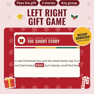 Christmas Left Right Game Printable: main listing photo showing the product with an 'Instant download' badge and flat star, holly, present and candy cane icons. Digital product from Neat Wren Studio.