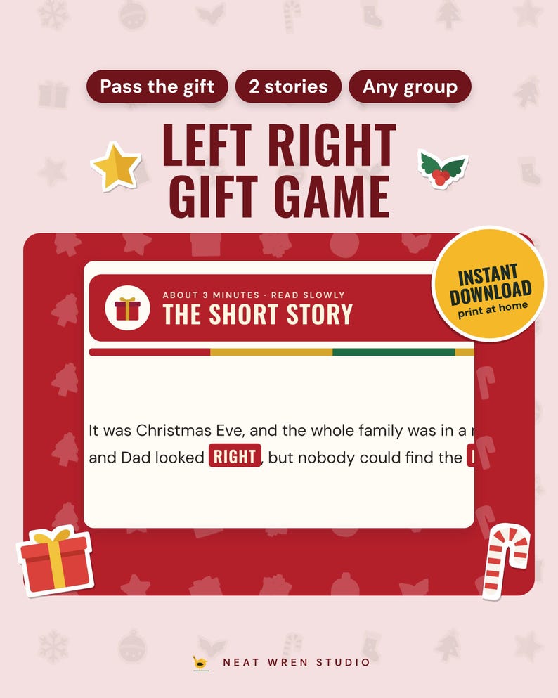 Christmas Left Right Game Printable: main listing photo showing the product with an 'Instant download' badge and flat star, holly, present and candy cane icons. Digital product from Neat Wren Studio.