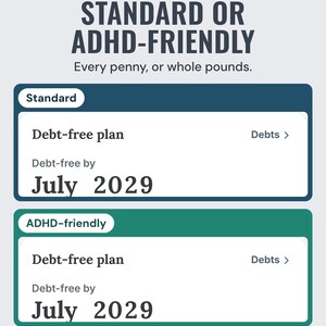 Standard and ADHD-friendly modes showing the debt-free date