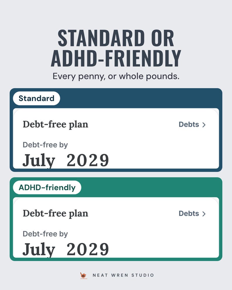 Standard and ADHD-friendly modes showing the debt-free date