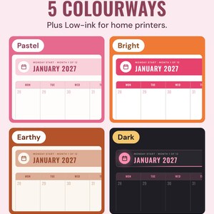The January 2027 calendar page in four colourways, Pastel, Bright, Earthy and Dark, under the headline 5 colourways, plus low-ink for home printers.