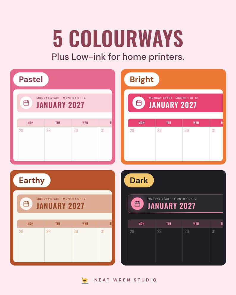 The January 2027 calendar page in four colourways, Pastel, Bright, Earthy and Dark, under the headline 5 colourways, plus low-ink for home printers.
