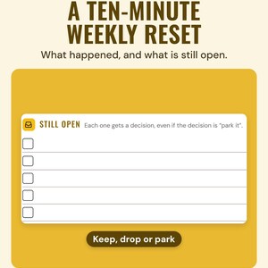 The weekly reset's Still open box with a tick box per item, under the headline A ten-minute weekly reset, with a note: keep, drop or park.