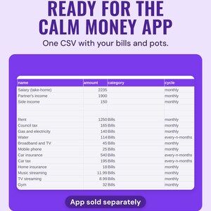 The Export to Calm Money tab listing example income and bills with amount, category and how often each is paid, ready to save as a CSV for the app.