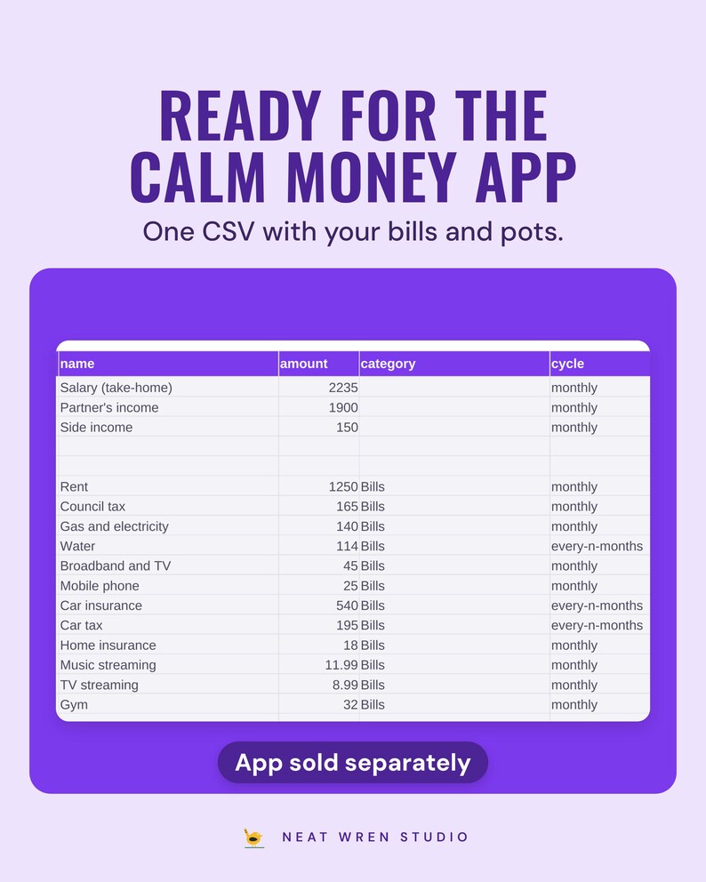 The Export to Calm Money tab listing example income and bills with amount, category and how often each is paid, ready to save as a CSV for the app.