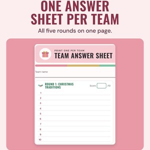 The team answer sheet with numbered lines for each round and a score box, under the headline One answer sheet per team, and the line All five rounds on one page.