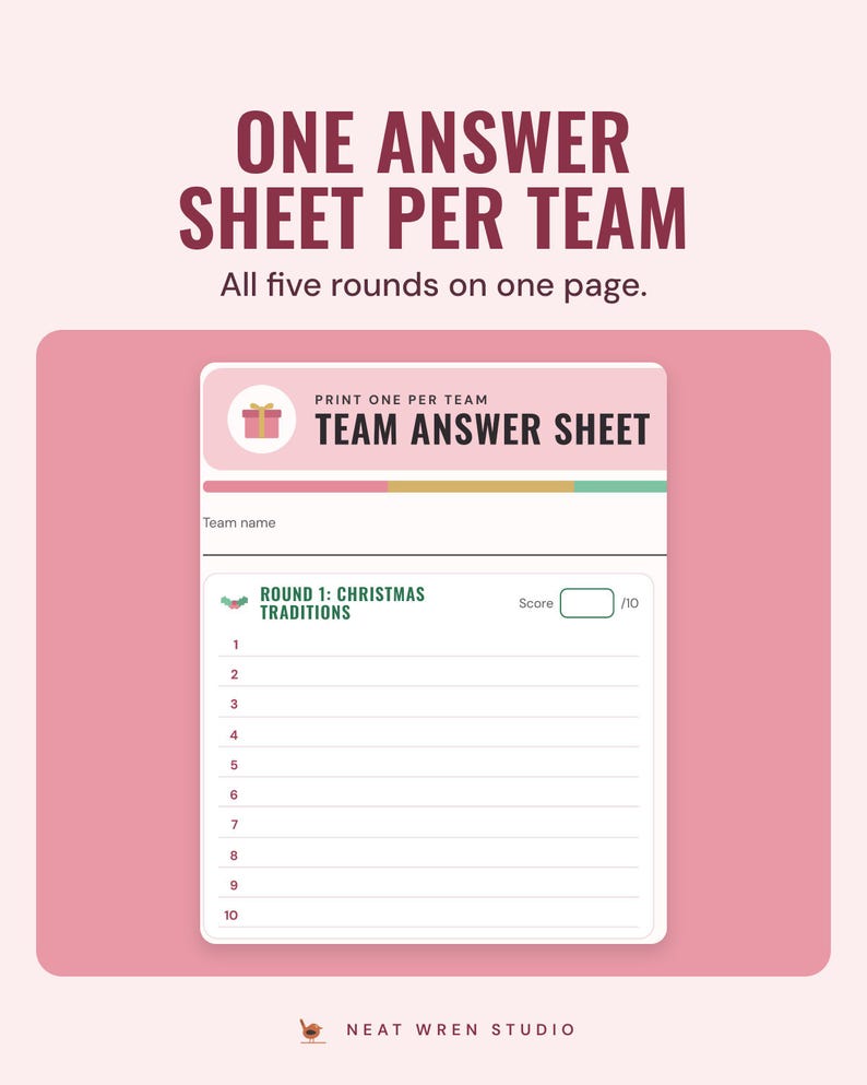 The team answer sheet with numbered lines for each round and a score box, under the headline One answer sheet per team, and the line All five rounds on one page.