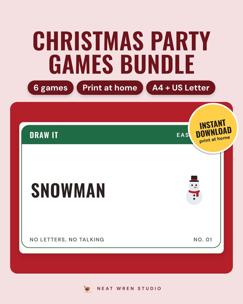 Christmas Party Games Bundle Printable: main listing photo showing the product with an 'Instant download' badge. Digital product from Neat Wren Studio.