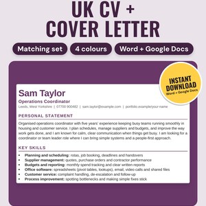 May include: A digital template for a UK CV and cover letter featuring the text UK CV + COVER LETTER, Matching set, 4 colours, Word + Google Docs, and a yellow circle with INSTANT DOWNLOAD. The document includes sections for personal details.