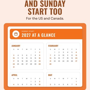 The Sunday-start 2027 year at a glance page with an orange header, showing January to May, under the headline And Sunday start too, for the US and Canada.