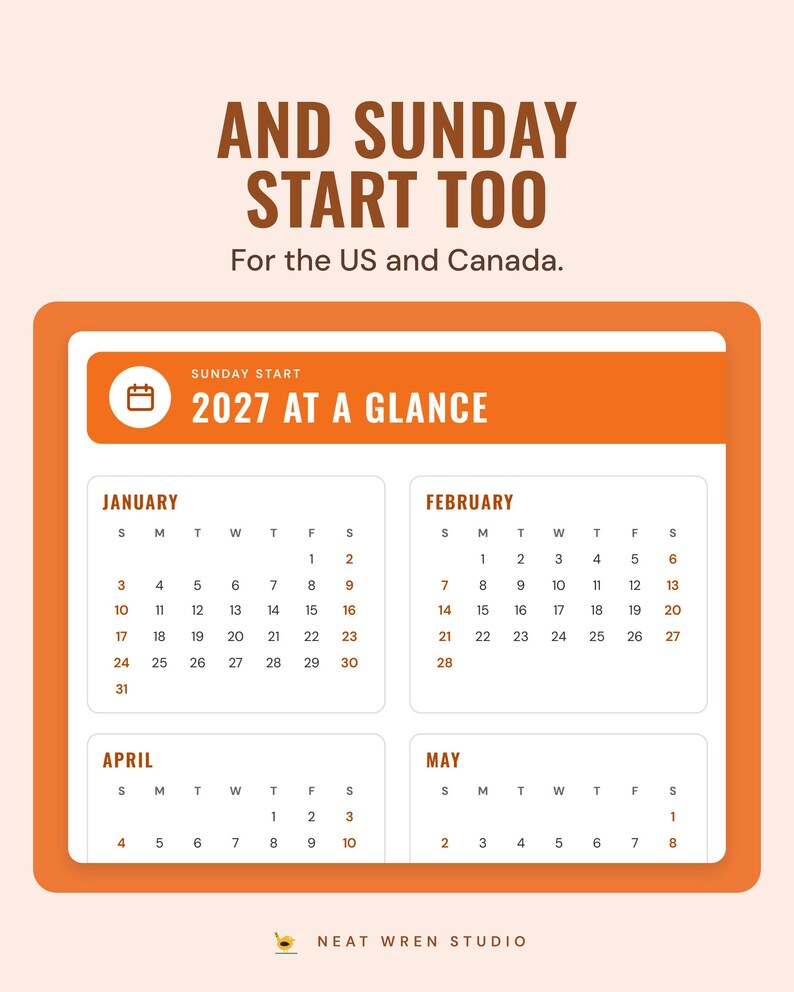 The Sunday-start 2027 year at a glance page with an orange header, showing January to May, under the headline And Sunday start too, for the US and Canada.
