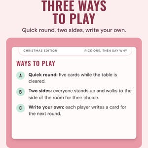 The ways to play box: a quick round, two sides of the room, or write your own, under the headline Three ways to play.