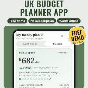 May include: A digital interface for a UK budget planner app displayed on a screen. The dashboard shows 'My money plan', a 'Safe to spend' balance of £682.44, and status updates. Text includes 'Free demo', 'No subscription', 'Works offline', and 'Neat Wren Studio'.