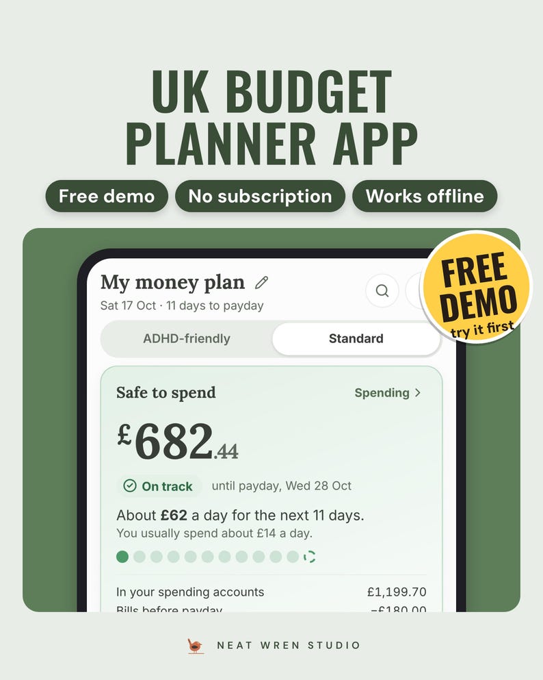 UK Budget Planner App: main listing photo showing the product with a 'Free demo' badge. Digital product from Neat Wren Studio.