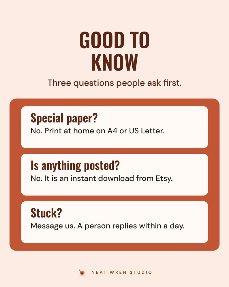 Good to know: print at home on A4 or US Letter, nothing is posted because it is an instant download, and a person replies to messages within a day.