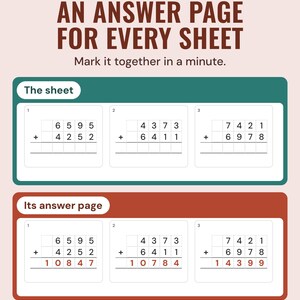 A column addition sheet above its answer page, where the same sums are shown with the answers filled in.