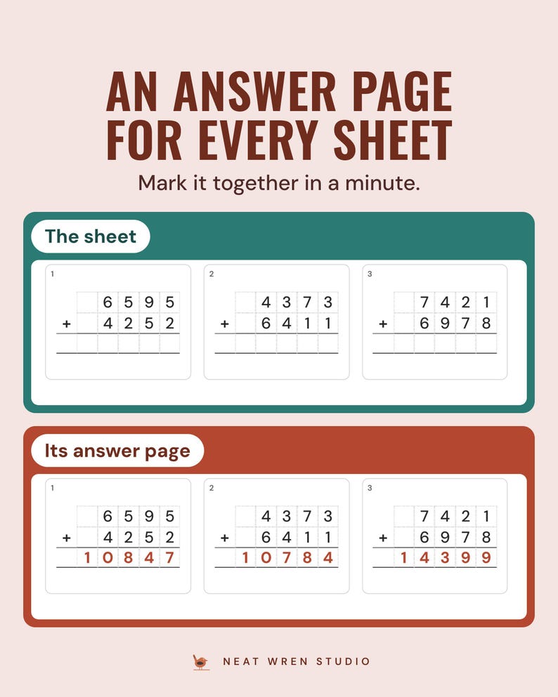 A column addition sheet above its answer page, where the same sums are shown with the answers filled in.
