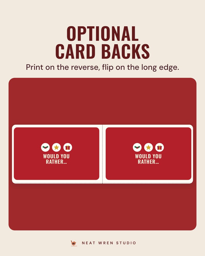 Two red Would you rather card backs, under the headline Optional card backs, and the line Print on the reverse, flip on the long edge.