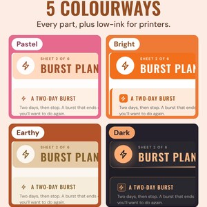 The burst plan page in four colourways, Pastel, Bright, Earthy and Dark, under the headline 5 colourways, and the line Every part, plus low-ink for printers.