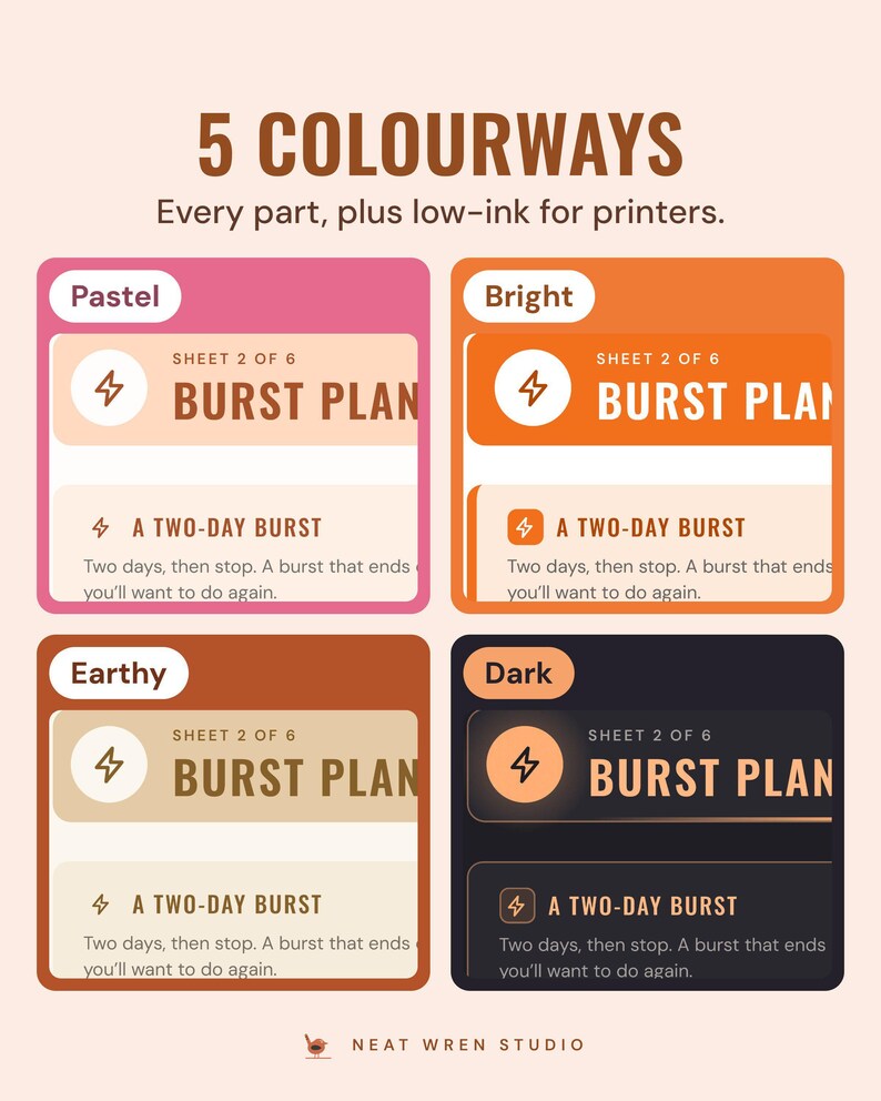 The burst plan page in four colourways, Pastel, Bright, Earthy and Dark, under the headline 5 colourways, and the line Every part, plus low-ink for printers.