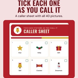 The bingo caller sheet with numbered pictures, such as star, holly and gift, each with a tick box, under the headline Tick each one as you call it.