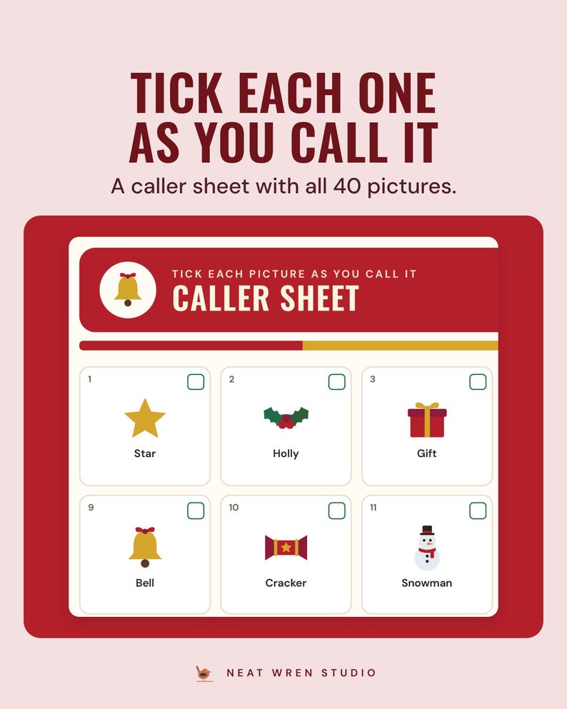 The bingo caller sheet with numbered pictures, such as star, holly and gift, each with a tick box, under the headline Tick each one as you call it.