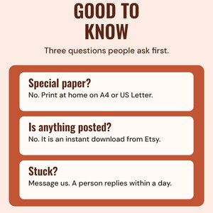 Good to know: print at home on A4 or US Letter, nothing is posted because it is an instant download, and a person replies to messages within a day.