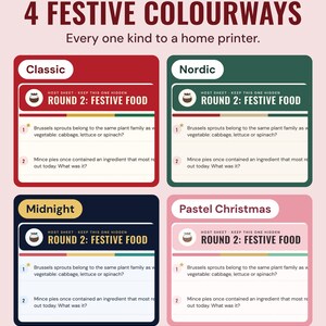 The round 2 host sheet in four colourways, Classic, Nordic, Midnight and Pastel Christmas, under the headline 4 festive colourways, every one kind to a home printer.