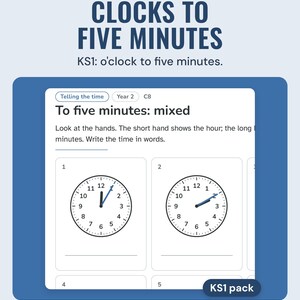 KS1 telling the time sheet with clock faces to five minutes and lines to write the time.