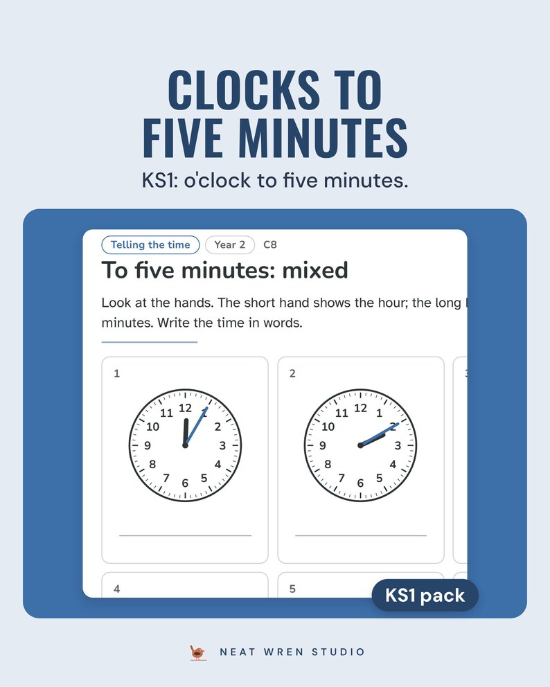 KS1 telling the time sheet with clock faces to five minutes and lines to write the time.