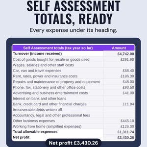Self Assessment totals by HMRC expense heading with net profit