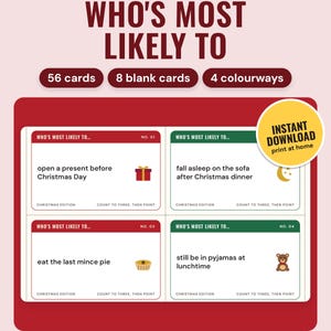 May include: A Who's Most Likely To Christmas edition card game set featuring 56 cards, 8 blank cards, and 4 colorways. The cards display prompts like open a present before Christmas Day, fall asleep on the sofa, eat the last mince pie, and still be in pajamas at lunchtime.